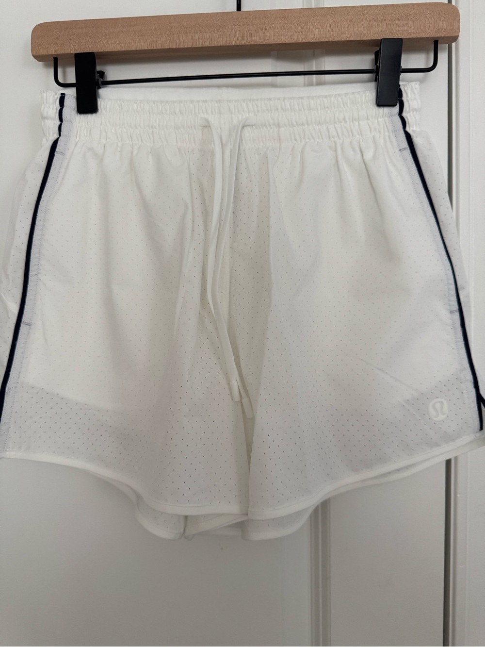 lululemon athletica White Perforated Athletic Shorts with Navy Piping